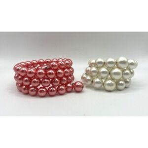 Vintage Faux Pearl Memory Wire Wrap Bracelets Pink Avon & White Set of 2